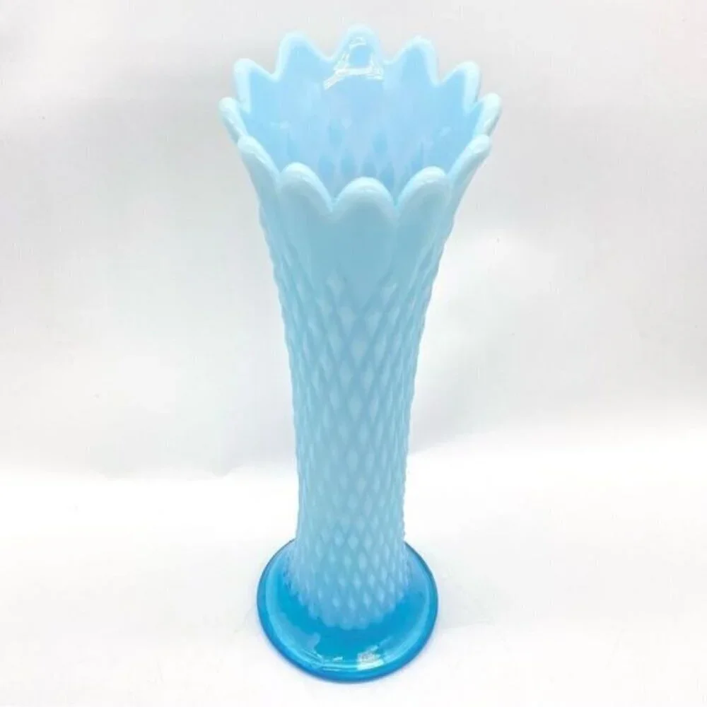Northwood Blue Opalescent Swung Glass Diamond Point Vase